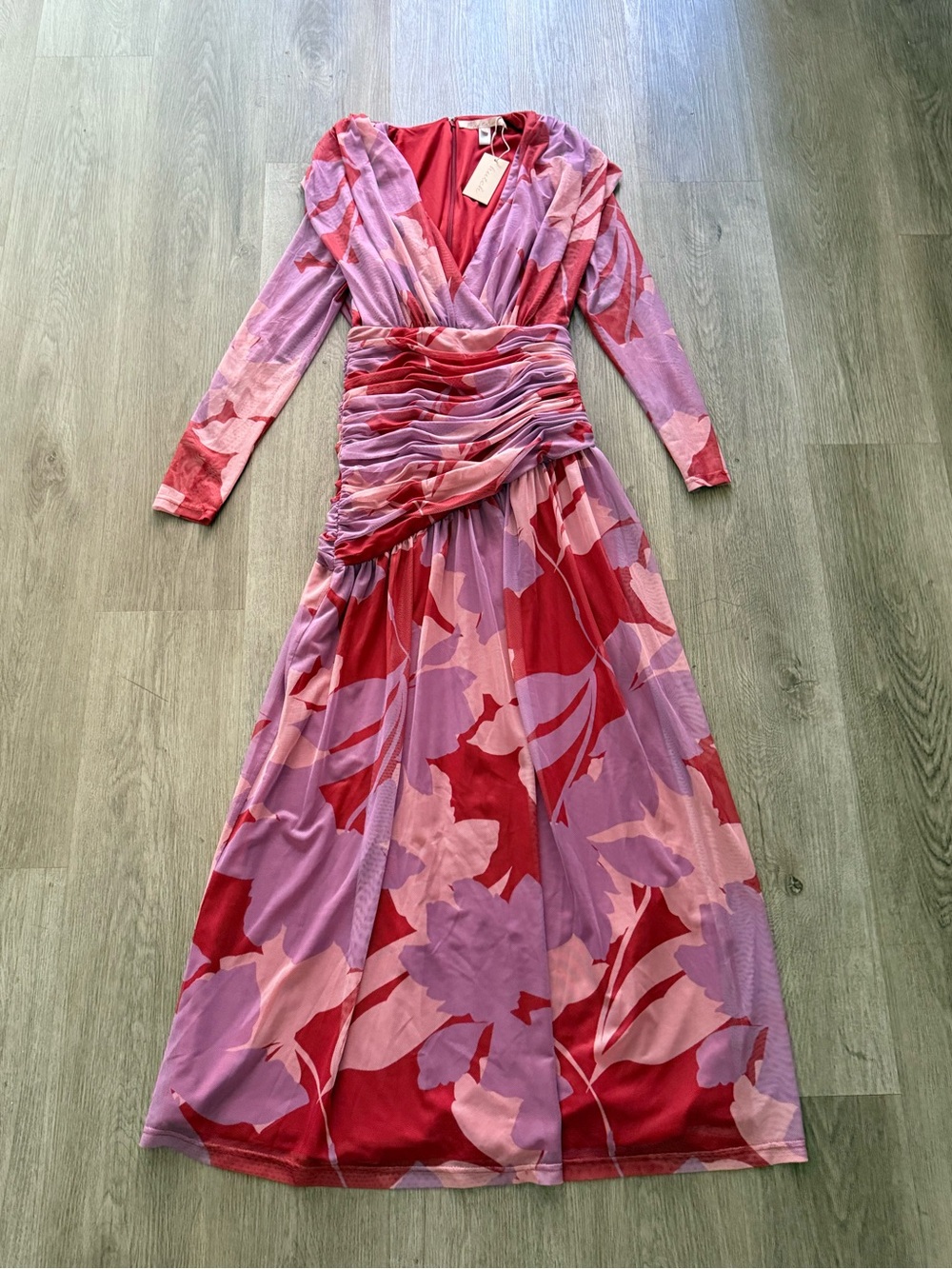 hutch tyra red purple & pink floral mesh ruched long sleeve maxi dress small NEW